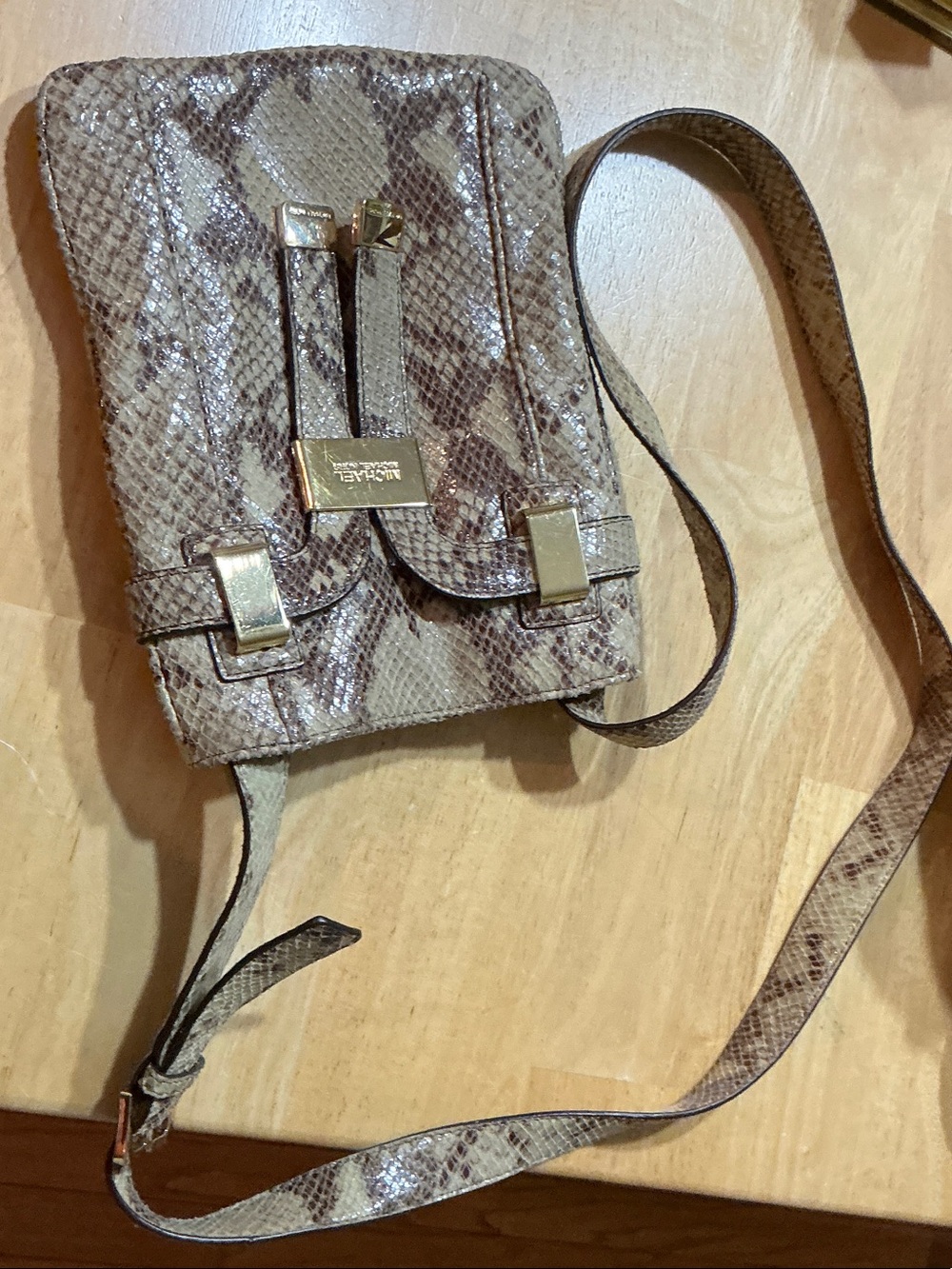 Michael Kors Beige Snake-Print Crossbody Bag with Gold Hardware